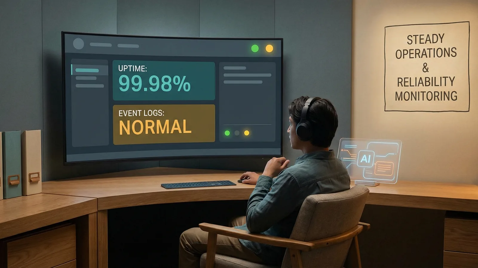 Operations team monitoring agent commerce reliability dashboards in a calm control room
