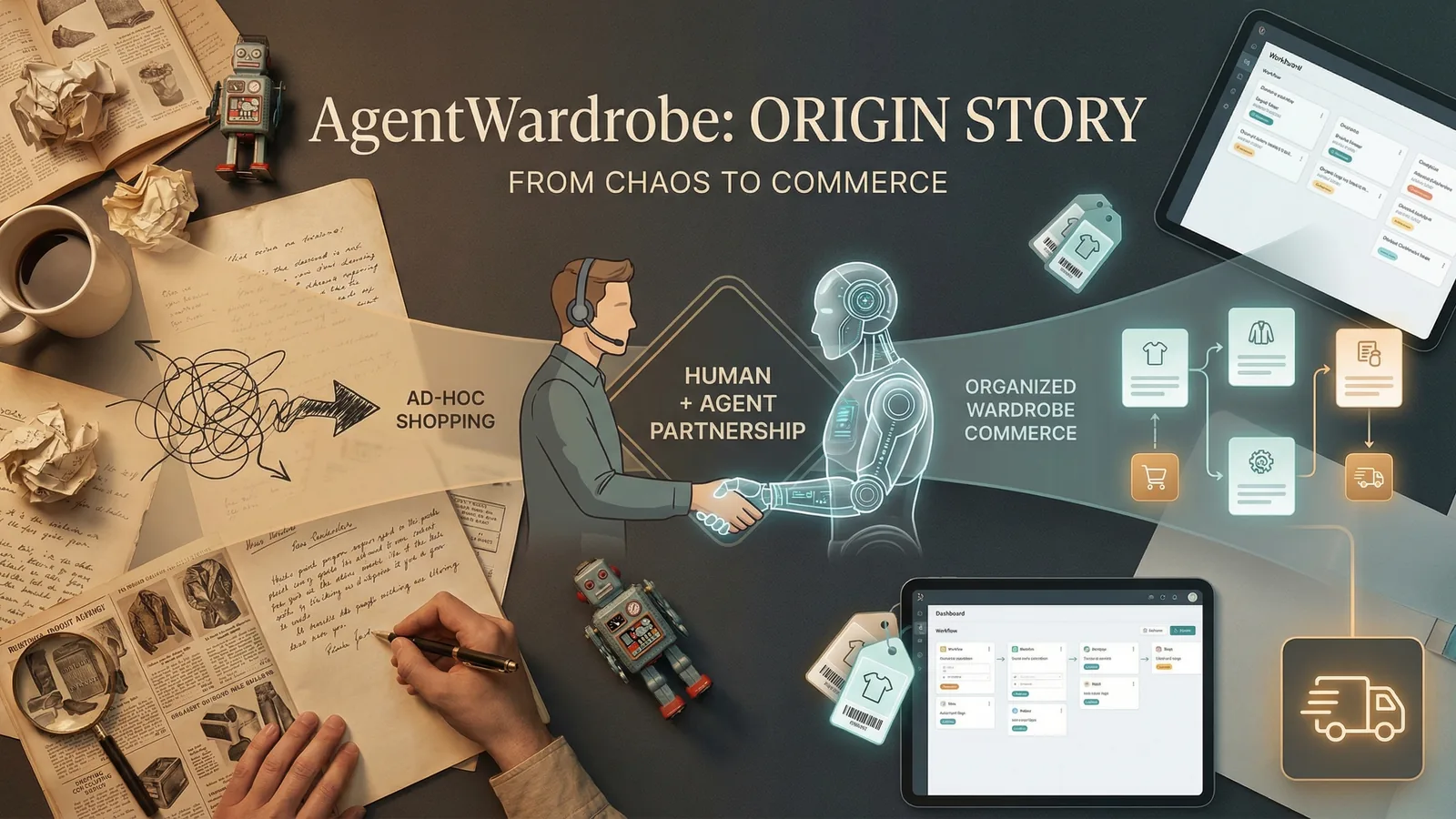 Origin story scene showing a shift from chaotic physical purchase testing to structured digital workflows
